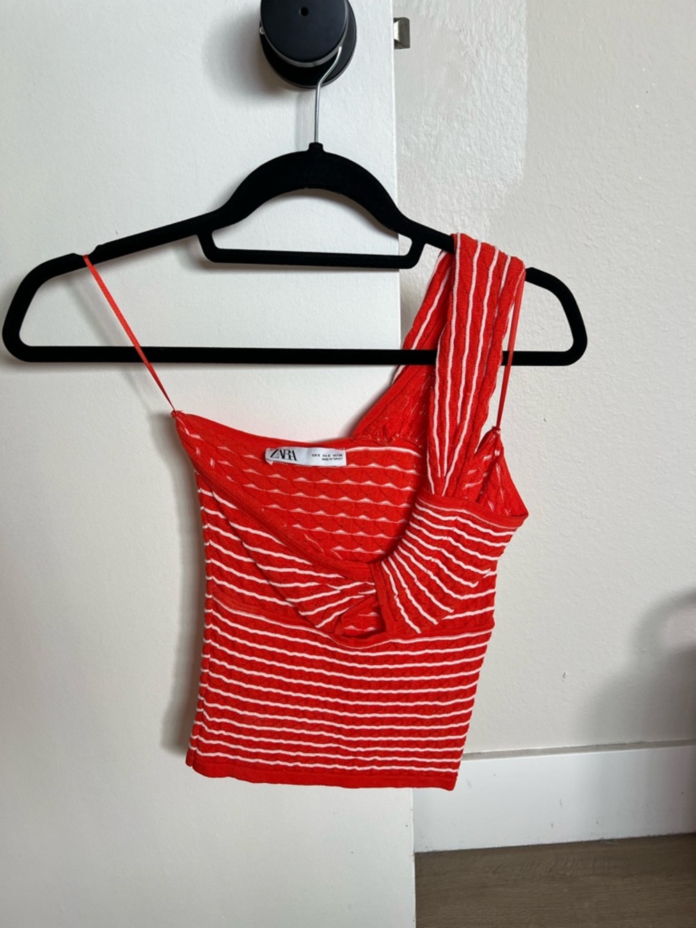 Zara Red & White Striped One-Shoulder Knit Cami